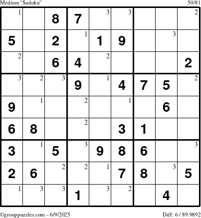 The grouppuzzles.com Medium Sudoku puzzle for Monday June 9, 2025 with the first 3 steps marked