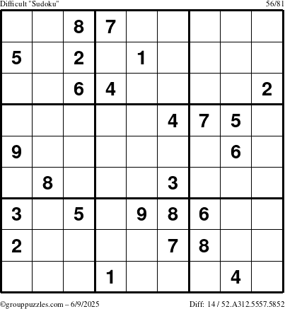 The grouppuzzles.com Difficult Sudoku puzzle for Monday June 9, 2025