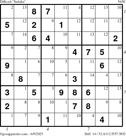 The grouppuzzles.com Difficult Sudoku puzzle for Monday June 9, 2025 with all 14 steps marked
