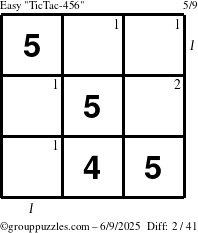 The grouppuzzles.com Easy TicTac-456 puzzle for Monday June 9, 2025 with all 2 steps marked