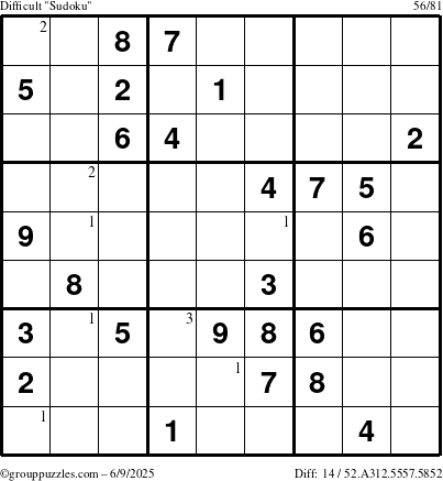 The grouppuzzles.com Difficult Sudoku puzzle for Monday June 9, 2025 with the first 3 steps marked