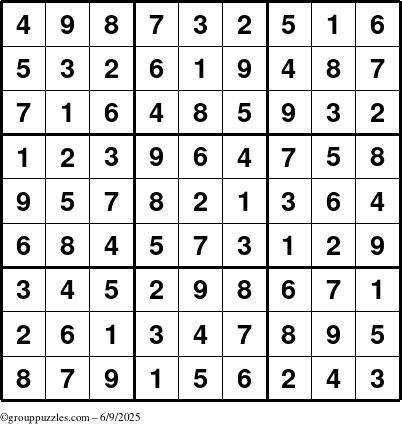 The grouppuzzles.com Answer grid for the Sudoku puzzle for Monday June 9, 2025