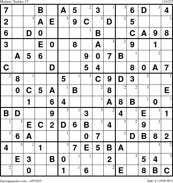 The grouppuzzles.com Medium Sudoku-15 puzzle for Monday June 9, 2025 with the first 3 steps marked