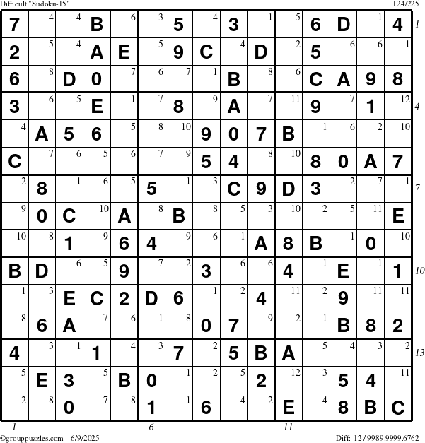 The grouppuzzles.com Difficult Sudoku-15 puzzle for Monday June 9, 2025 with all 12 steps marked