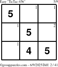 The grouppuzzles.com Easy TicTac-456 puzzle for Monday June 9, 2025 with the first 2 steps marked