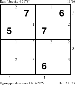 The grouppuzzles.com Easy Sudoku-4-5678 puzzle for Friday November 14, 2025, suitable for printing, with all 3 steps marked