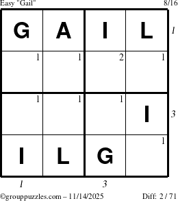 The grouppuzzles.com Easy Gail puzzle for Friday November 14, 2025, suitable for printing, with all 2 steps marked