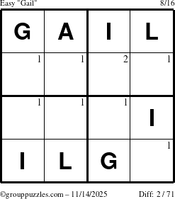 The grouppuzzles.com Easy Gail puzzle for Friday November 14, 2025 with the first 2 steps marked