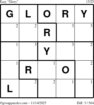 The grouppuzzles.com Easy Glory puzzle for Friday November 14, 2025 with the first 3 steps marked