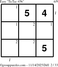 The grouppuzzles.com Easy TicTac-456 puzzle for Friday November 14, 2025, suitable for printing, with all 2 steps marked