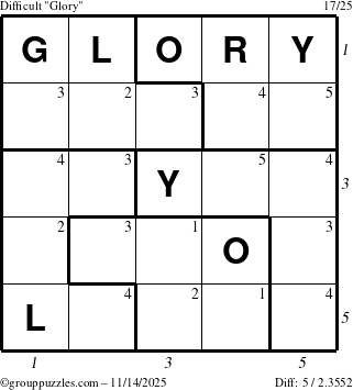The grouppuzzles.com Difficult Glory puzzle for Friday November 14, 2025 with all 5 steps marked