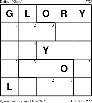 The grouppuzzles.com Difficult Glory puzzle for Friday November 14, 2025 with the first 3 steps marked