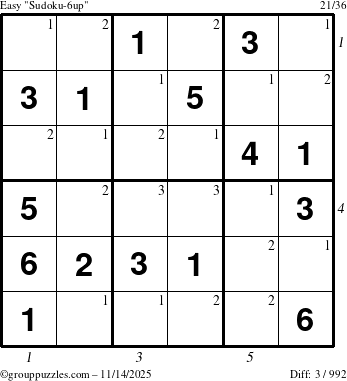 The grouppuzzles.com Easy Sudoku-6up puzzle for Friday November 14, 2025, suitable for printing, with all 3 steps marked
