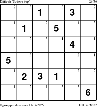 The grouppuzzles.com Difficult Sudoku-6up puzzle for Friday November 14, 2025 with the first 3 steps marked