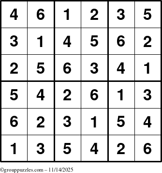 The grouppuzzles.com Answer grid for the Sudoku-6up puzzle for Friday November 14, 2025