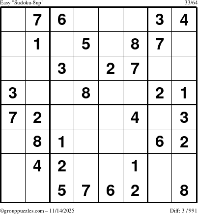 The grouppuzzles.com Easy Sudoku-8up puzzle for Friday November 14, 2025
