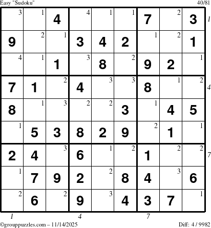 The grouppuzzles.com Easy Sudoku puzzle for Friday November 14, 2025 with all 4 steps marked