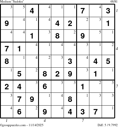 The grouppuzzles.com Medium Sudoku puzzle for Friday November 14, 2025 with all 5 steps marked