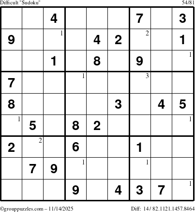 The grouppuzzles.com Difficult Sudoku puzzle for Friday November 14, 2025 with the first 3 steps marked