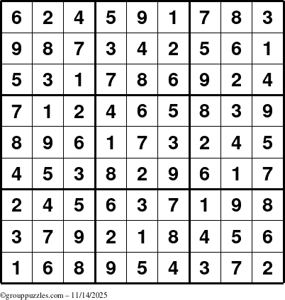 The grouppuzzles.com Answer grid for the Sudoku puzzle for Friday November 14, 2025