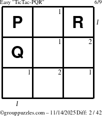 The grouppuzzles.com Easy TicTac-PQR puzzle for Friday November 14, 2025, suitable for printing, with all 2 steps marked