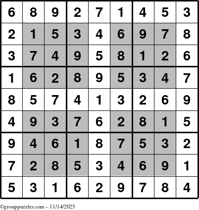 The grouppuzzles.com Answer grid for the HyperSudoku puzzle for Friday November 14, 2025