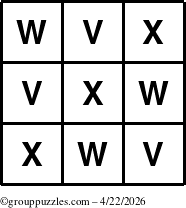 The grouppuzzles.com Answer grid for the TicTac-VWX puzzle for Wednesday April 22, 2026