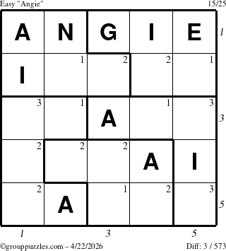 The grouppuzzles.com Easy Angie puzzle for Wednesday April 22, 2026, suitable for printing, with all 3 steps marked