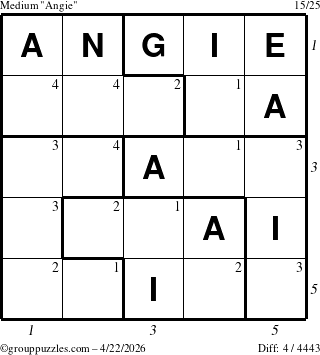 The grouppuzzles.com Medium Angie puzzle for Wednesday April 22, 2026, suitable for printing, with all 4 steps marked