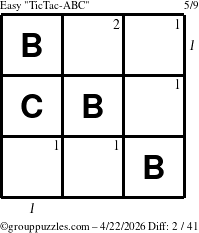 The grouppuzzles.com Easy TicTac-ABC puzzle for Wednesday April 22, 2026, suitable for printing, with all 2 steps marked