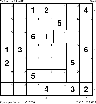 The grouppuzzles.com Medium Sudoku-7B puzzle for Wednesday April 22, 2026 with all 7 steps marked
