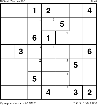The grouppuzzles.com Difficult Sudoku-7B puzzle for Wednesday April 22, 2026 with the first 3 steps marked