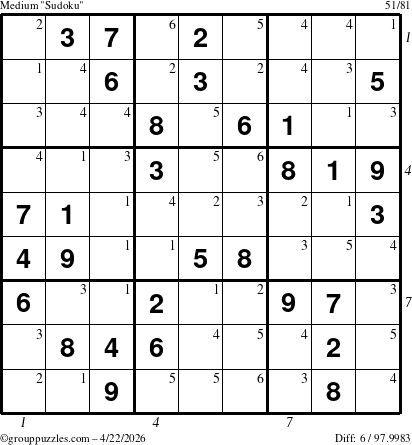 The grouppuzzles.com Medium Sudoku puzzle for Wednesday April 22, 2026 with all 6 steps marked
