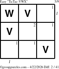 The grouppuzzles.com Easy TicTac-VWX puzzle for Wednesday April 22, 2026, suitable for printing, with all 2 steps marked