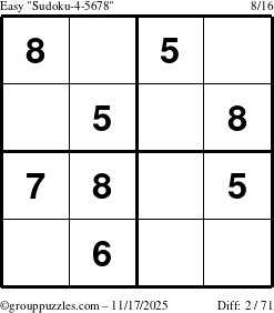 The grouppuzzles.com Easy Sudoku-4-5678 puzzle for Monday November 17, 2025