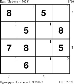 The grouppuzzles.com Easy Sudoku-4-5678 puzzle for Monday November 17, 2025, suitable for printing, with all 2 steps marked