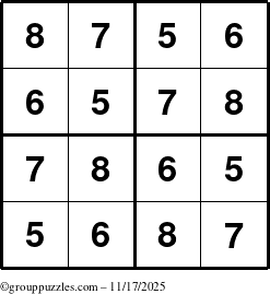 The grouppuzzles.com Answer grid for the Sudoku-4-5678 puzzle for Monday November 17, 2025