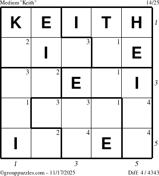 The grouppuzzles.com Medium Keith puzzle for Monday November 17, 2025, suitable for printing, with all 4 steps marked