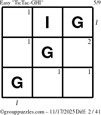 The grouppuzzles.com Easy TicTac-GHI puzzle for Monday November 17, 2025, suitable for printing, with all 2 steps marked