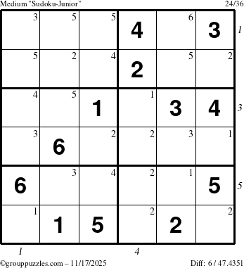 The grouppuzzles.com Medium Sudoku-Junior puzzle for Monday November 17, 2025 with all 6 steps marked