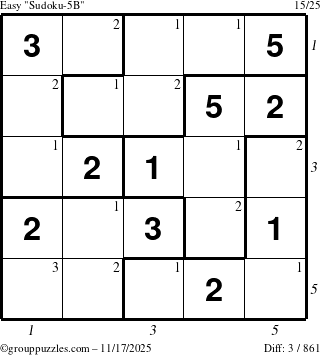 The grouppuzzles.com Easy Sudoku-5B puzzle for Monday November 17, 2025 with all 3 steps marked