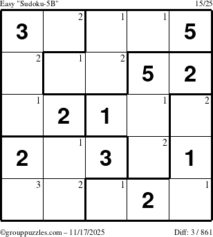 The grouppuzzles.com Easy Sudoku-5B puzzle for Monday November 17, 2025 with the first 3 steps marked
