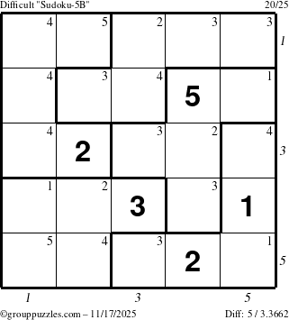 The grouppuzzles.com Difficult Sudoku-5B puzzle for Monday November 17, 2025 with all 5 steps marked