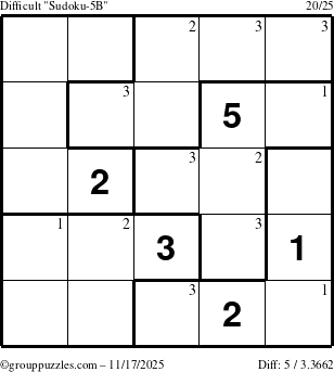 The grouppuzzles.com Difficult Sudoku-5B puzzle for Monday November 17, 2025 with the first 3 steps marked
