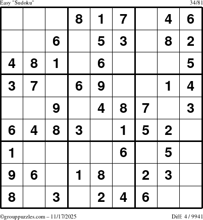 The grouppuzzles.com Easy Sudoku puzzle for Monday November 17, 2025