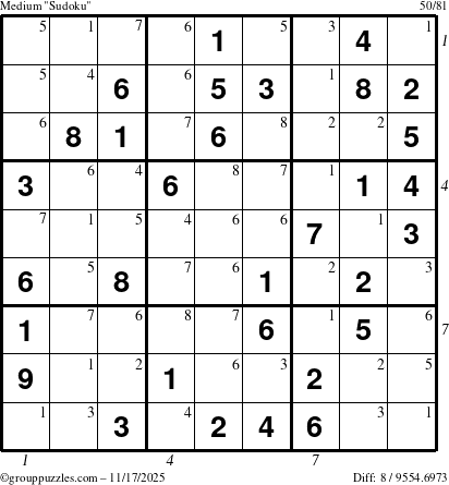 The grouppuzzles.com Medium Sudoku puzzle for Monday November 17, 2025 with all 8 steps marked