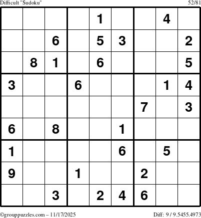 The grouppuzzles.com Difficult Sudoku puzzle for Monday November 17, 2025