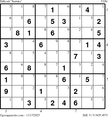 The grouppuzzles.com Difficult Sudoku puzzle for Monday November 17, 2025 with all 9 steps marked