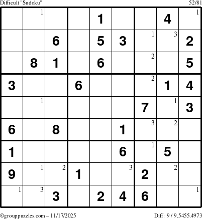The grouppuzzles.com Difficult Sudoku puzzle for Monday November 17, 2025 with the first 3 steps marked