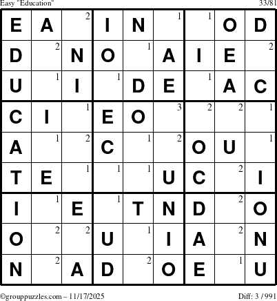 The grouppuzzles.com Easy Education-c1 puzzle for Monday November 17, 2025 with the first 3 steps marked